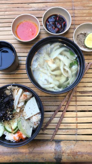 seaweed and kimchi rice bowl + steamed oyster mushrooms in coconut water  at Da Nang Com Chay - Duong Dinh Nghe in Da Nang