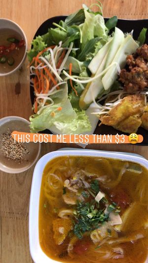 “crab” soup, vietnamese pancakes + mushroom skewer.  at Da Nang Com Chay - Duong Dinh Nghe in Da Nang