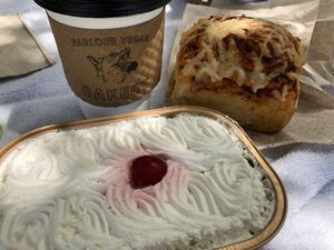 Pizza Bun and Tres Leches  at Parlour Vegan Bakery in Boca Raton