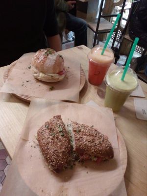 Spanish sandwich (with white bread) and Vegan sandwich (with wholemeal flour bread) + two fruit smoothies at La Huerta de Almeria - Malasaña in Madrid