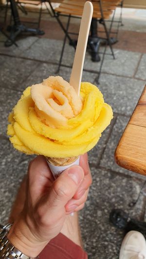 La vie en rose: Mandarine and melon ice cream. at Amorino - Cler in Paris