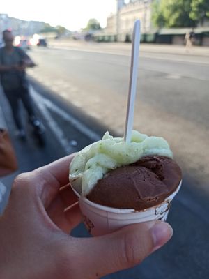 Chocolate sorbet and lime gelato - delicious at Amorino - Huchette in Paris