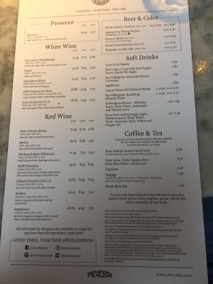 Drink menu at Pizza Express in Northallerton