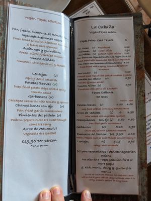 Vegan menu at La Cabana in Mallorca