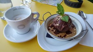almond cappuccino with chocolate "bomb" at Paradis Marguerite in Paris