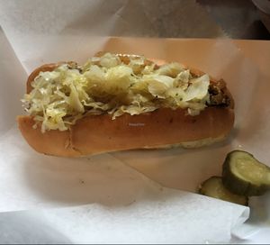 House made vegan sausage with sauerkraut  at The Thirsty Pig in Portland