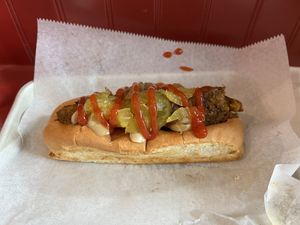 Vegan “notwurst” on bun w/out butter- mushrooms, pickles, caramelized onions and ketchup  at The Thirsty Pig in Portland