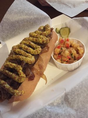 Vegan sausage with caramelised onions and mustard at The Thirsty Pig in Portland