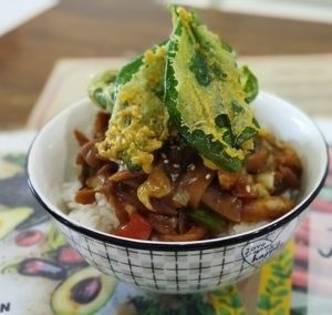Crispy Spinach Gyudon Bowl at Mai3 Veggie Kitchen - Raya Tuban in Kuta