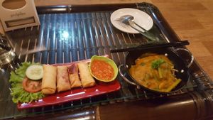 Fruit spring rolls and pumpkin noodles at Mai3 Veggie Kitchen - Raya Tuban in Kuta