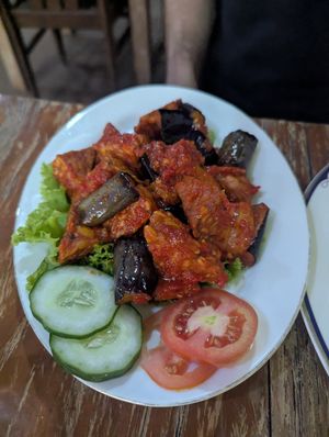 Tempe and eggplant penyet with peanut sauce at Mai3 Veggie Kitchen - Raya Tuban in Kuta