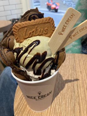 Earl grey tea bubble waffle with pistachio and stracciatella gelato at Nice Cream in Taipei