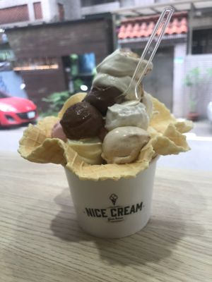 All the flavors on a waffle bowl.   at Nice Cream in Taipei