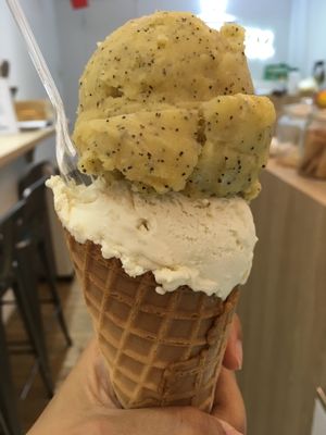 Scoop of passion fruit on top of a scoop of olive oil ice cream at Nice Cream in Taipei