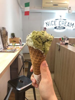 Matcha and mint chip in a waffle cone  at Nice Cream in Taipei