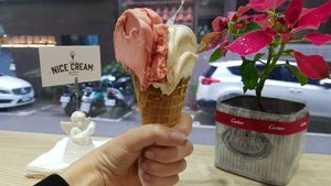 Luscious strawberry and creamy peanut butter ice cream cone. Together, they taste like a divine PB&J sandwich!   at Nice Cream in Taipei