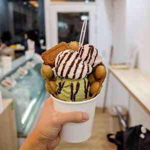 Vegan egg waffle with ice cream. So delicious! at Nice Cream in Taipei