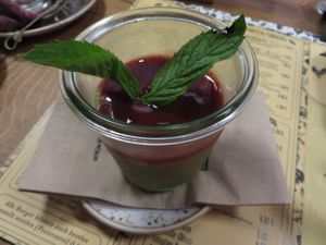 Mexian chia pudding with mango, passion fruit, orange, lime, and a strawberry-mint topping (vegan) at Jay & Jay in Saarbrucken