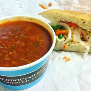 vegan bahn mi and chili  at Mendocino Farms in Brea
