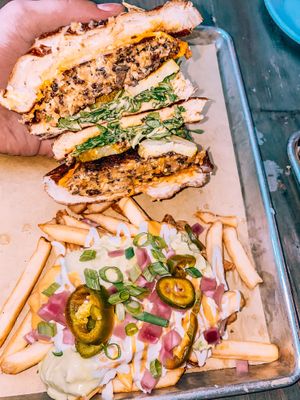 Burger with loaded fries ! insta @ gabeedeeats at The Beer Plant in Austin