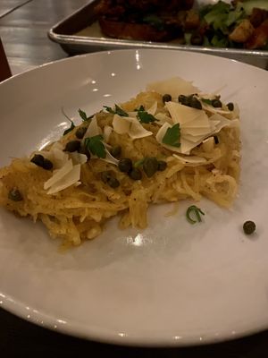 ROASTED SPAGHETTI SQUASH, a wonderful spaghetti squash with parmesian style cheese and capers. Unforgettable   at The Beer Plant in Austin