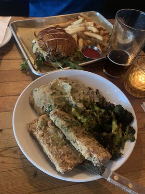 Chicken and gravy (front), burger with fries (rear)  at The Beer Plant in Austin