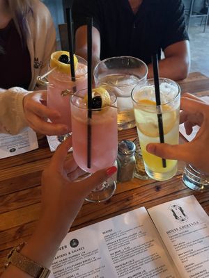 Pink drinks were “The Cat Eye”, top right was “Old Fashioned”, bottom right was ginger mocktail!  at The Beer Plant in Austin