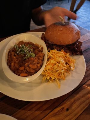 Big Bend BBQ sandwich featuring BeHive (from Nashville, TN) seitan deli slices and baked beans! I really enjoyed this one with the slaw and the beans weren’t overly sweet!  at The Beer Plant in Austin