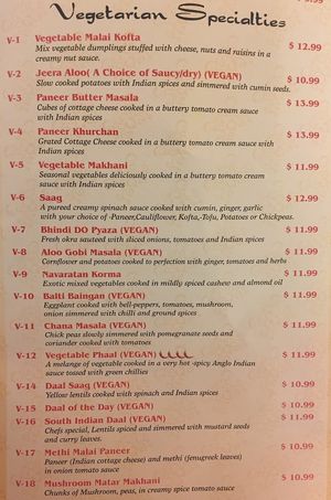 Their menu has MANY clearly labeled vegan options! at Curry and Kabab in Port Charlotte