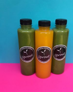 Delicious and nutritious our best selling drinks (Green Smoothie: banana, pineapple, kale, spinach; Ginger Turmeric Detox Lemonade: fresh ginger, agave syrup, lemon, turmeric) at Sprout Korea Natural Whole Food Service in Seoul