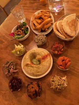 Hafla - Hummus, All Salatim, Pita, Classic Chickpea fries at ANZO in Boynton Beach