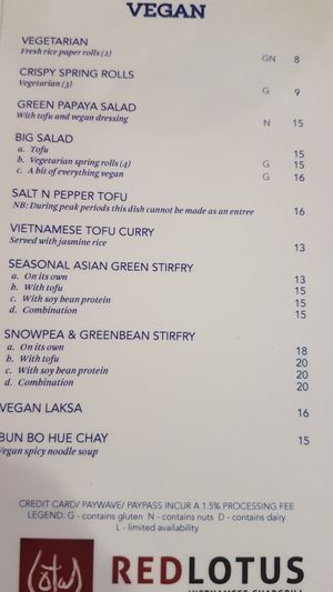 Vegan Menu at Red Lotus Vietnamese Chargrill in Annerley
