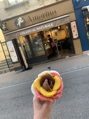 Soooo good. Mango, strawberry, lemon and chocolate “Classic”  at Amorino in Avignon