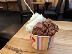 Lime and basil , and chocolate sorbets at Amorino in Nancy