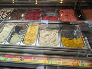 Top L to R: Chocolate, Red Berries, Strawberry, Blood Orange. Bottom L to R: Lime Basil, Passion Fruit, Organic Lemon and Mango. at Amorino - Capitole in Toulouse