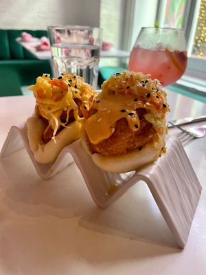 Po' Boy Bun ($8 each) - crispy cauliflower, sriracha aioli, sesame seed, cole slaw, crispy shallots at Ladybird in New York City