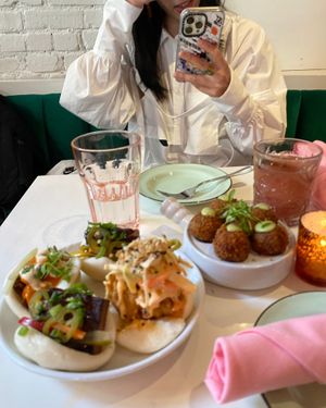 Buffalo Maitake Bun, Tofu Bun, Po' Boy Bun, and Arancini at Ladybird in New York City