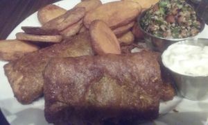 Vegan fish (tofu) and chips. Vegan tartar sauce and quinoa taboulli. at Broad Ripple Brewpub in Indianapolis