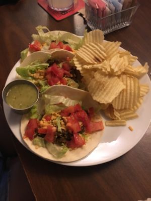 Vegan tacos with potato chips??? at Broad Ripple Brewpub in Indianapolis