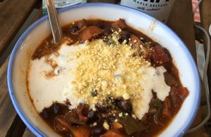 Vegan chilli with cashew ";sour cream"; YUM!! also SAP which is seltzer with a (hint) of maple at Not Your Sugar Mamas in Vineyard Haven
