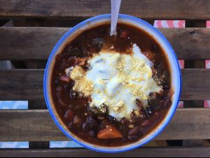 veggie chilli with cashew sour cream and Parmesan at Not Your Sugar Mamas in Vineyard Haven