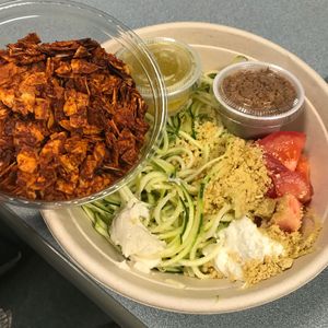Zucchini noodle salad with coconut bacon side at Not Your Sugar Mamas in Vineyard Haven