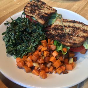 tempeh TLT w sweet potato hash and kale delicious 1/2&1/2 at True Food Kitchen in Palo Alto
