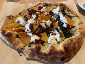 Temporary seasonal vegan butternut squash pizza with vegan ricotta cheese.  at True Food Kitchen in Palo Alto