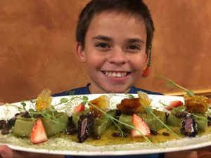 Matcha soy creme brulee, adsuki beans, berries , pea shoots  at Zen Cuisine in Durango