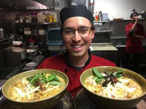 Yellow coconut curry , eggplant , tofu, kashews, apples, potato, peppers , bamboo, star anise, cardamon, cinnamon, fried shallots, Thai badil   at Zen Cuisine in Durango
