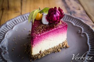 Cheesecake with Quinua Base, Pawpaw, Physalis, Raspberry and Beetroot at Verbena Teteria Emporio in Pichilemu