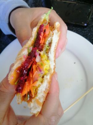Beetroot, red onion, carrot, lettuce, chutney and fritter style pattie at Gibby's Cafe in Westport