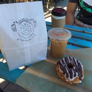 Vegan Mexican Chocolate Horchata donut, and vegan milks for coffee  at Nomad Donuts in San Diego