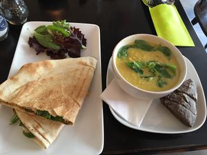 hummus 'vers' sandwich and a sort of curried corn and coconut soup at Eethuis Vers in Utrecht
